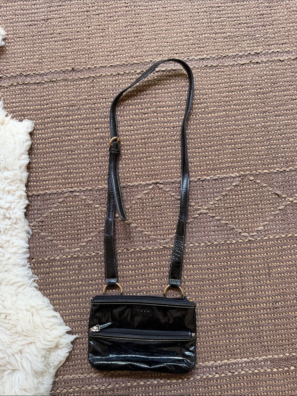 Tusk Black Patent Crossbody Bag - 2-Zip Women's Shoulder Bag